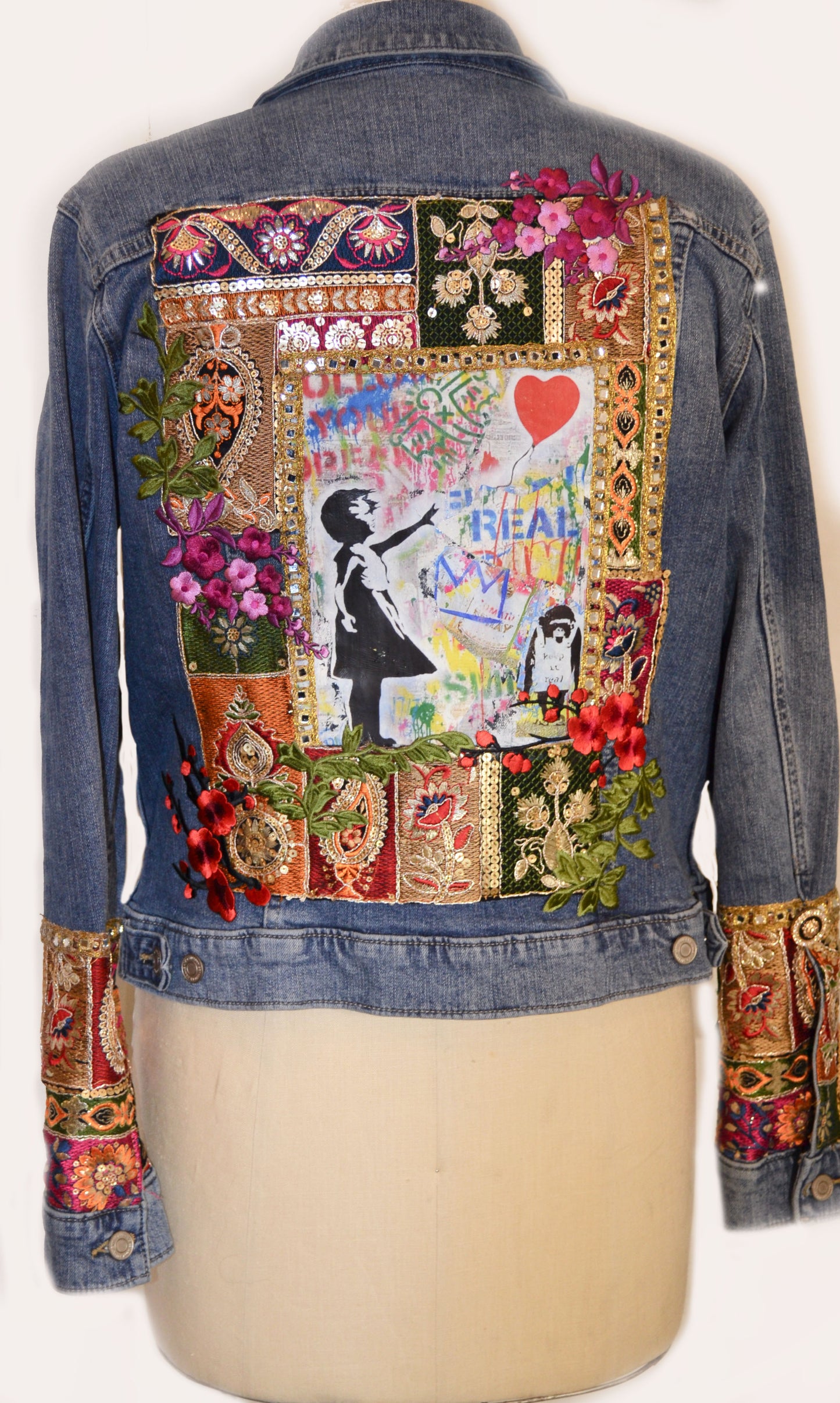 Upcycled jeans jacket, one of kind jacket, girl with balloon