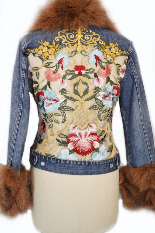 Unique Statement piece, Up cycled Jeans jacket with back insert, Upcycled jeans jacket with fox collar and cuff