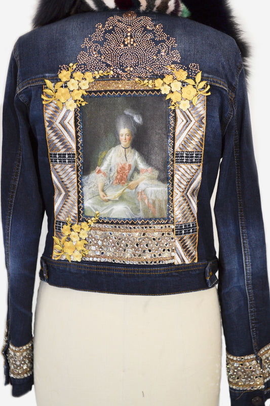 Up cycled dark jeans jacket with sapphire fur collar- Antoinette tribute motif