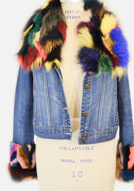 Up cycled denim jacket with a vibrant multi-colored Fur collar and cuff