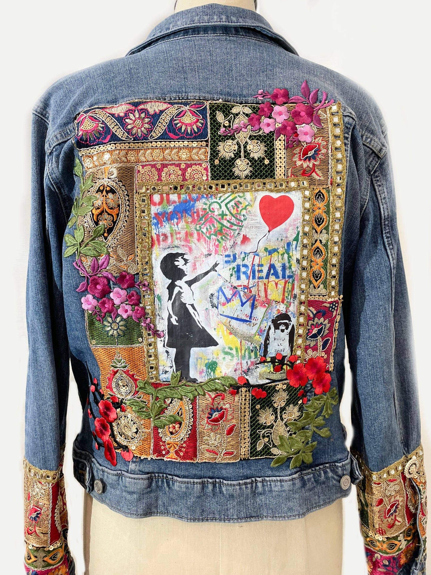 Upcycled jeans jacket, one of kind jacket, girl with balloon