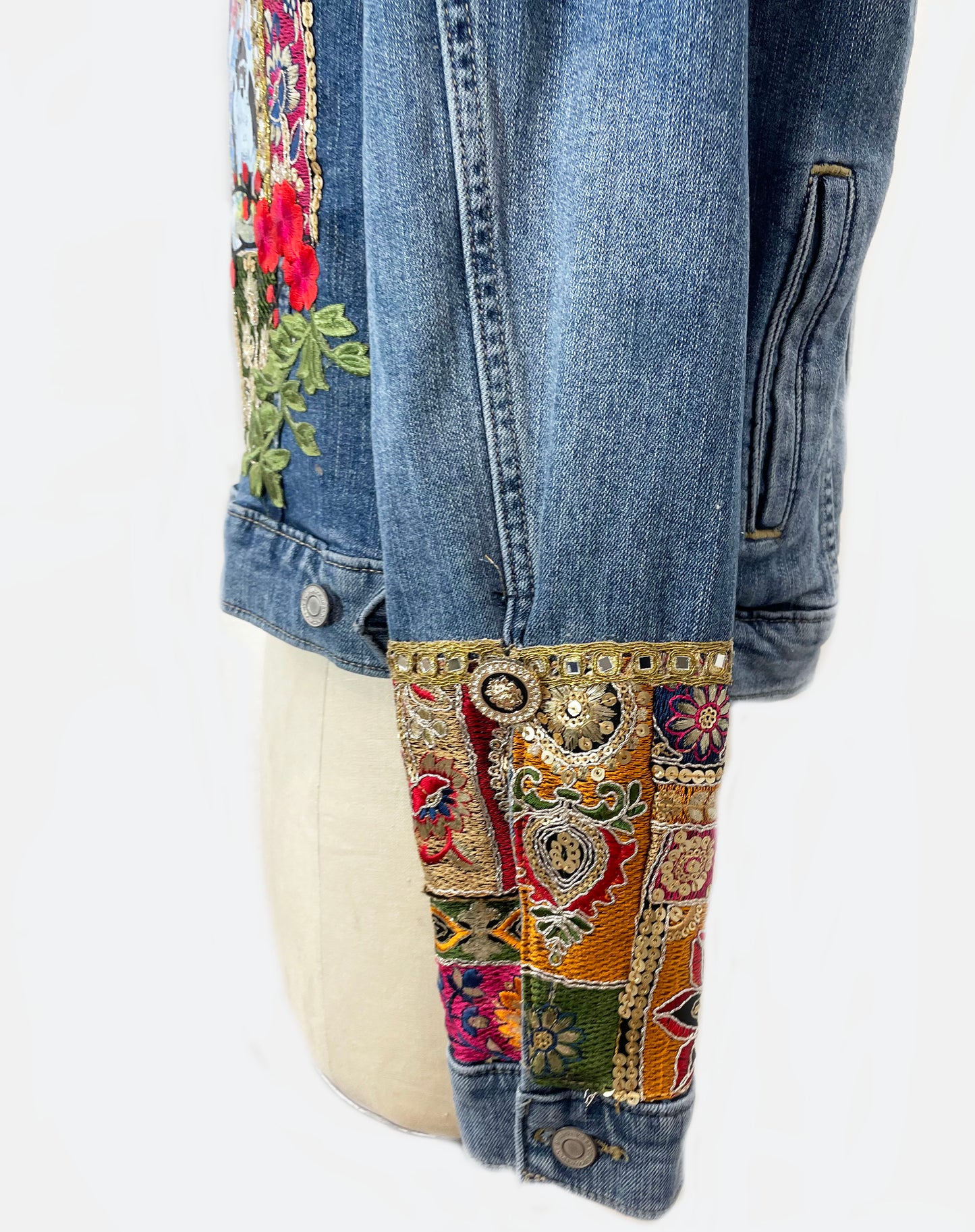 Upcycled jeans jacket, one of kind jacket, girl with balloon