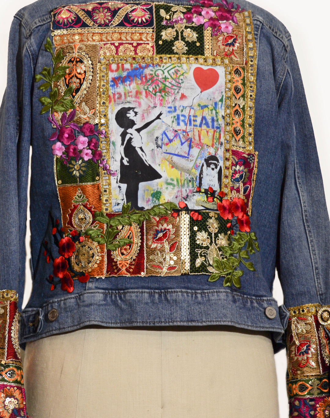 Upcycled jeans jacket, one of kind jacket, girl with balloon